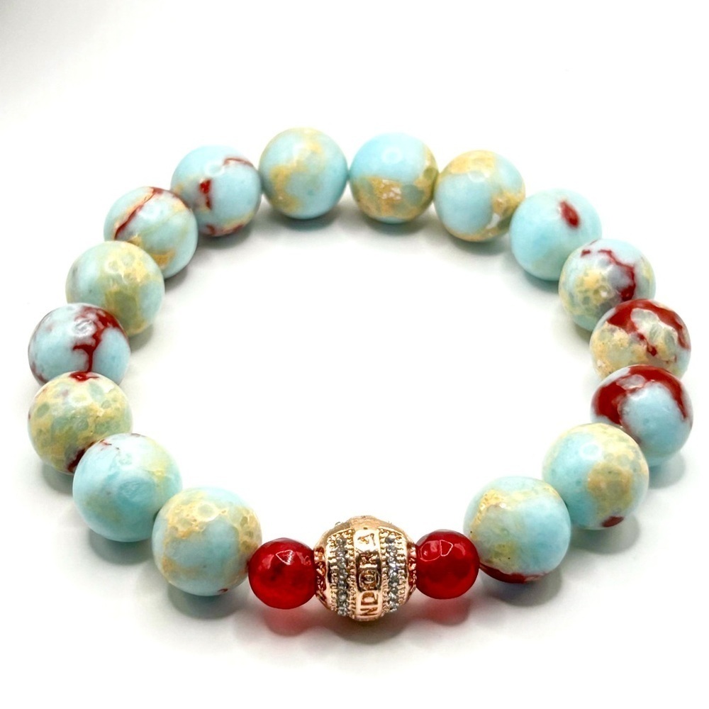 NWOT imperial jasper, ruby 8mm bead stretch bracelet 18k gold plated stainless s